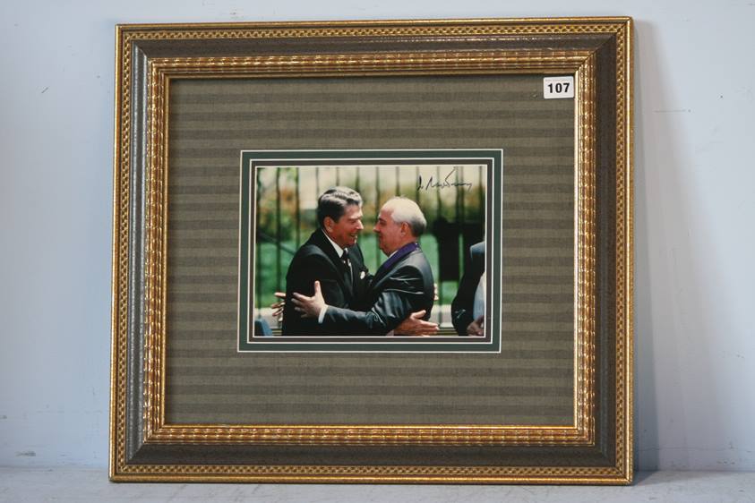 Mikhail Gorbachev Soviet Union president, signed photograph greeting President Reagan, mounted and