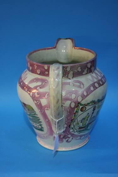 A Sunderland Lustre jug decorated with Masonic scene, view of the Iron Bridge and a verse ' - Image 5 of 5