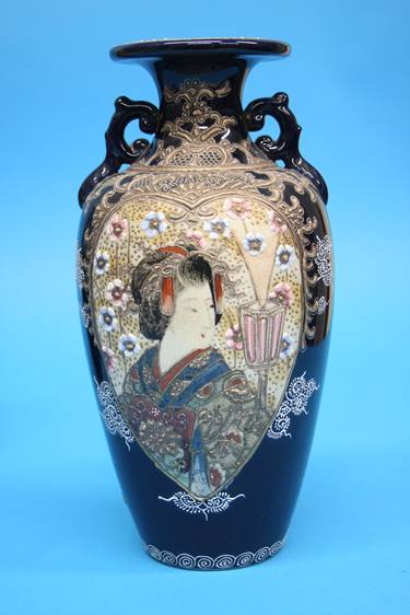 A pair of 1920/1930's Satsuma vases decorated with panels of landscapes etc. 25cm height - Image 18 of 24