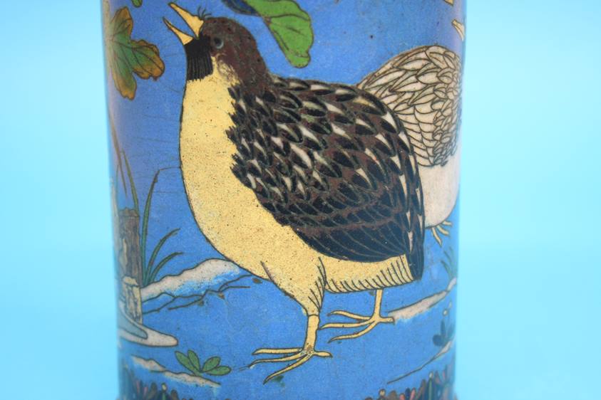 A Japanese Cloisonné enamelled vase on a blue ground decorated with birds, 31cm height, 12cm - Image 10 of 14