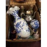 Basket and a tray of assorted, Oriental vase etc.