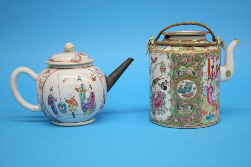 A Canton Chinese enamel decorated teapot and another Chinese teapot (2)