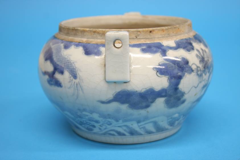 An 18th / 19th century Oriental blue and white censor decorated with five claw dragon character - Image 4 of 14