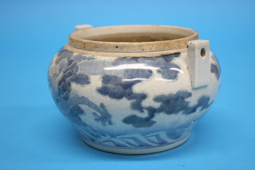 An 18th / 19th century Oriental blue and white censor decorated with five claw dragon character - Image 3 of 14