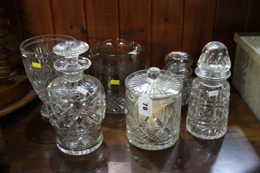 Assorted cut glass to include; a decanter, water jug etc. (6)