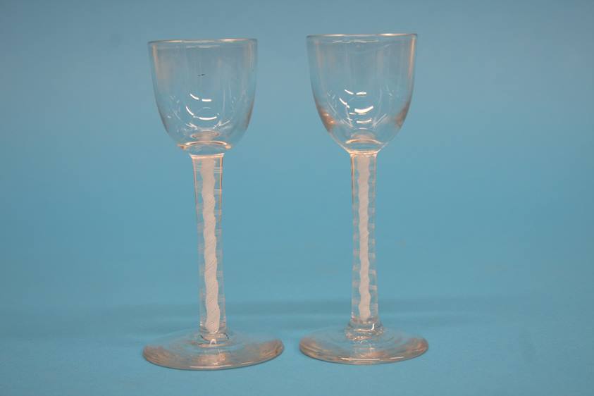 Two Victorian sherry glasses with bell shaped bowl and double opaque air twist stems, 11cm height - Image 2 of 10