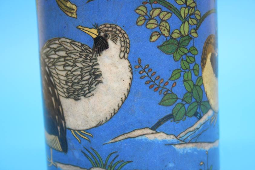 A Japanese Cloisonné enamelled vase on a blue ground decorated with birds, 31cm height, 12cm - Image 6 of 14