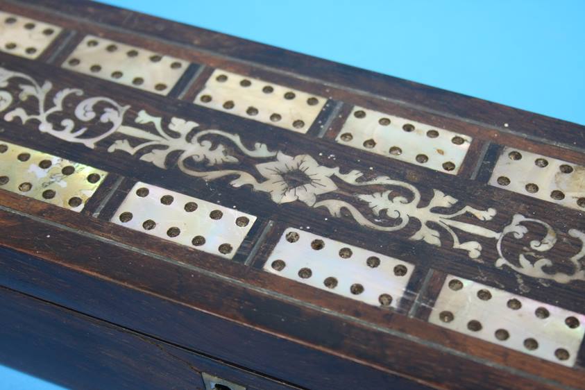 A 19th Century Rosewood domino set, the top with mother of pearl inset panels, opening to reveal - Image 2 of 10