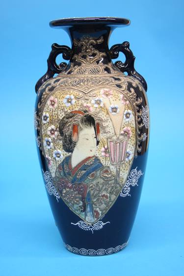 A pair of 1920/1930's Satsuma vases decorated with panels of landscapes etc. 25cm height - Image 6 of 24