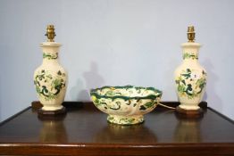 Masons Chartreuse lamps and bowl