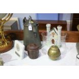 Pewter water jug, pair glass shades etc.