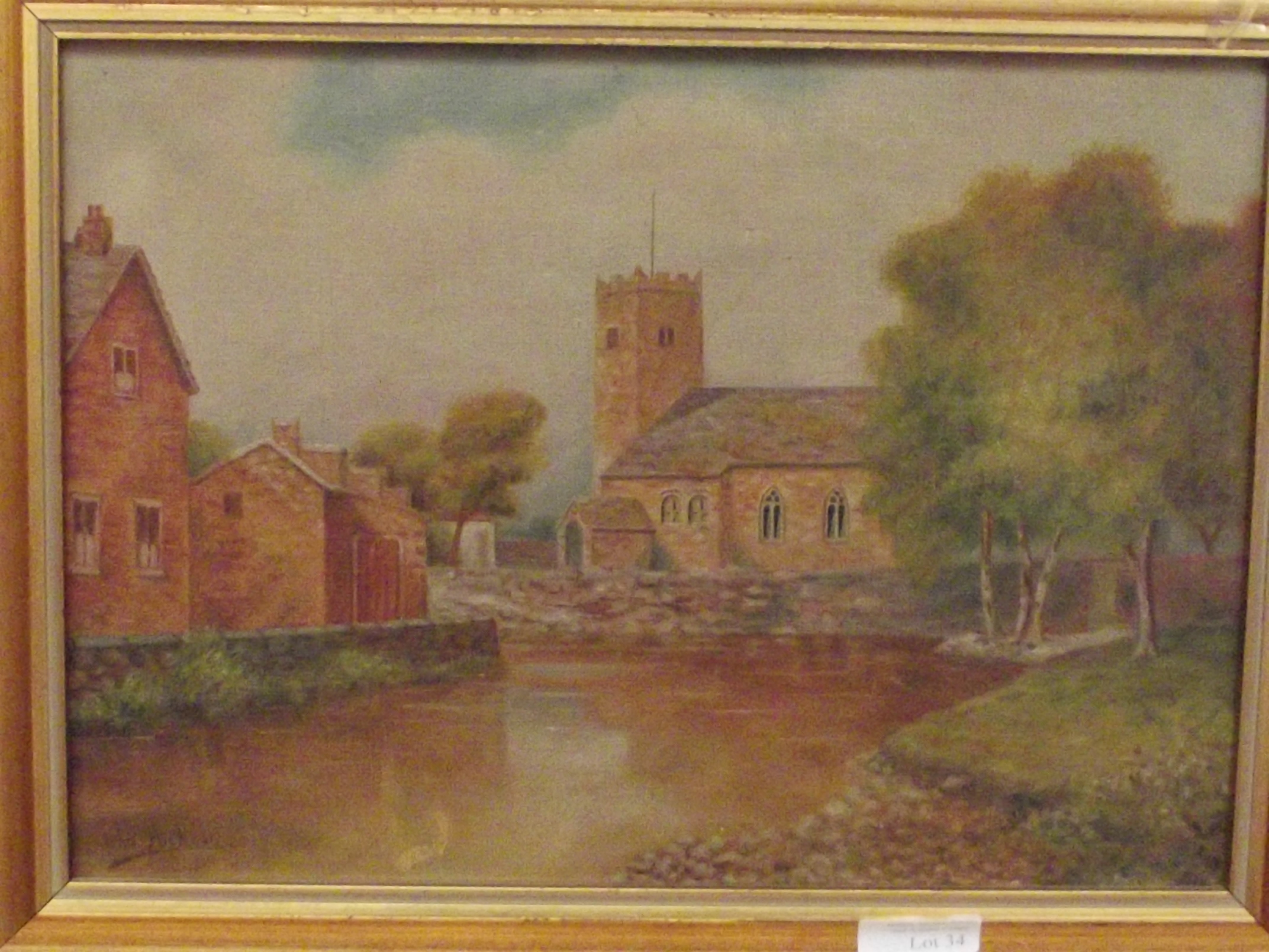 Signed oil on board, church and river scene