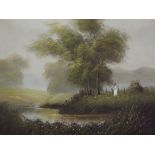 Oil on canvas, Lake and country scene