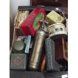 Box of tins to include a brass Pyrene pumps