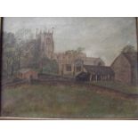 Framed naive oil on canvas, church scene