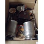 Assorted items to include pewter tankards, field g
