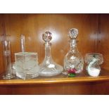 Shelf of glass ware to include 2 decanters