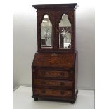 Miniature marquetry inlaid bureau bookcase, two in