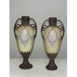 Pair of Austrian twin handled hand painted Turn Amphora vases, height 51cm, (restoration to base