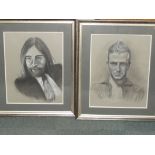 Two framed pastel drawings, one of David Beckham o