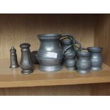 Assorted pewter to include a set of graduating jug