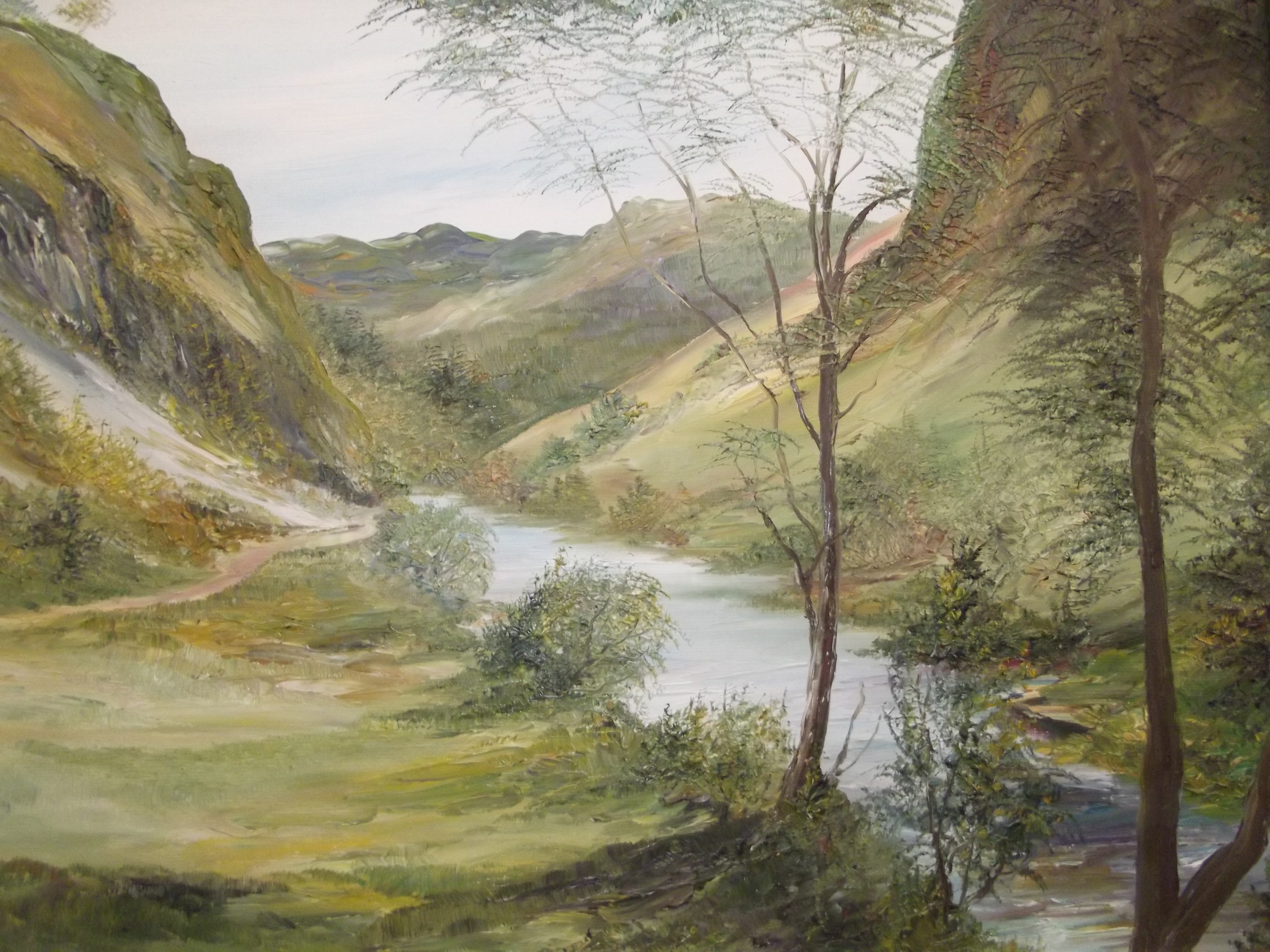 Framed oil on board, river and forest scene