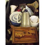 Assorted items to include pewter, marquetry inlaid