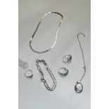 3 silver rings, silver bracelet, silver chain and