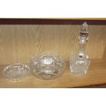 Crystal decanter and 2 crystal bowls