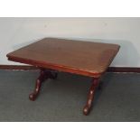 19th century mahogany library table, large proportion, rectangular top on baluster supports united