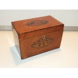 Early 19th century satinwood tea caddy with shell motif inlay, rectangular form, hinged lid