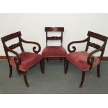 Set of six 19th century mahogany dining chairs, plain top rail over a rail centred with shell motif,