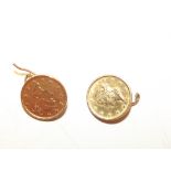 Two 1854 one dollar gold coins mounted