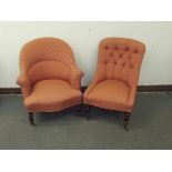 Victorian lady's and gentleman's matched chairs, each upholstered in salmon pink brocade, on