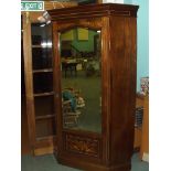 Large Edwardian mahogany corner wardrobe, marquetry inlaid with bevelled mirror to door, height