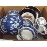 Assorted blue and white pottery to include a large