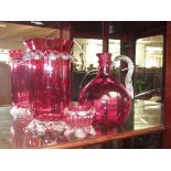 Victorian cranberry glass vase together with a sal
