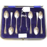 Cased set of six silver teaspoons and matching sug