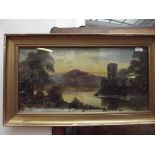 Framed oil on board depicting river and castle sce