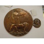 Great War bronze death plaque, awarded to Alfred H