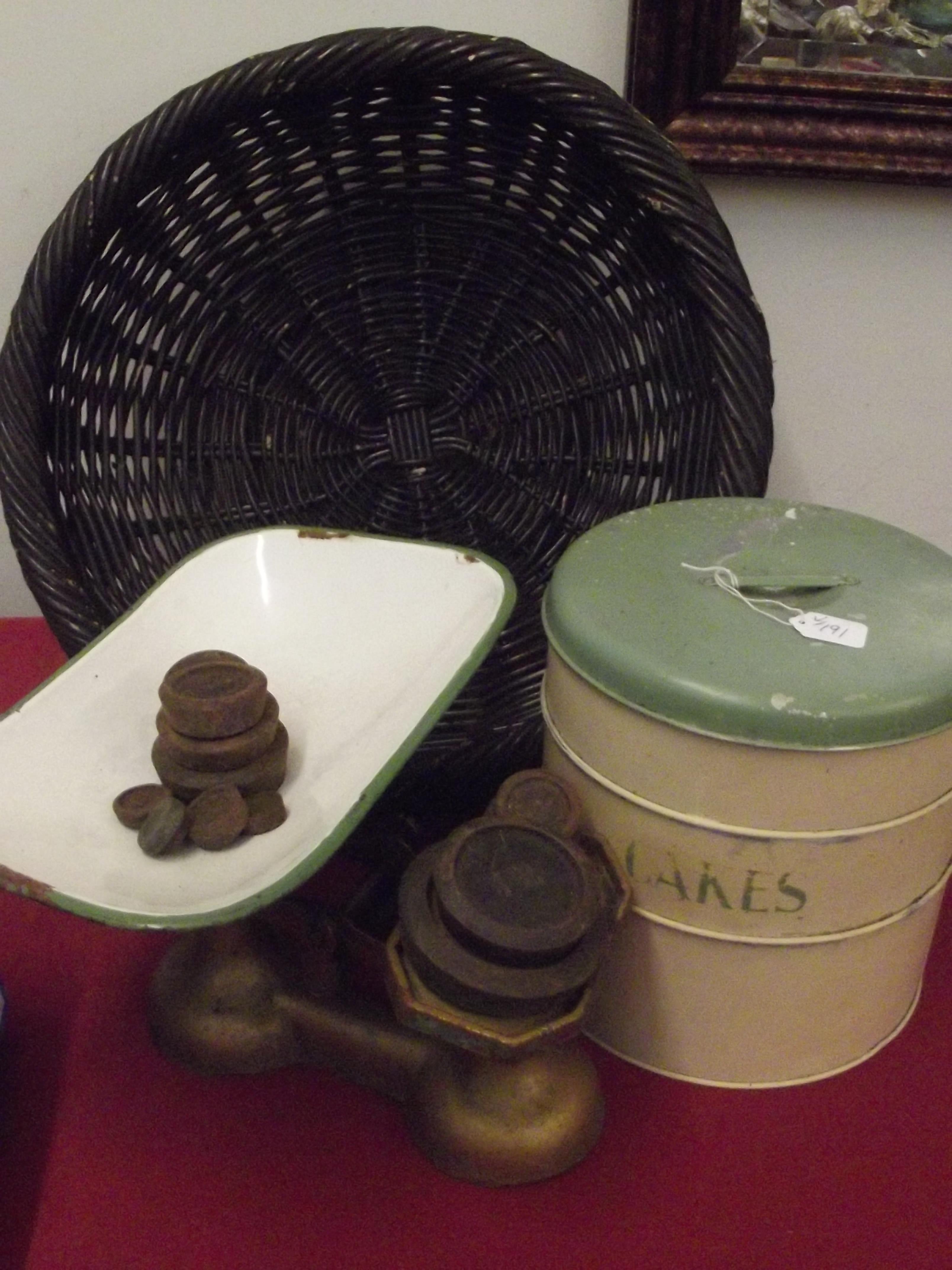 Vintage cake tin, a pair of balance scales togethe