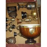 Various plated trophies to include an oak pedestal