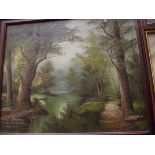 Signed oil on canvas, river and forest scene