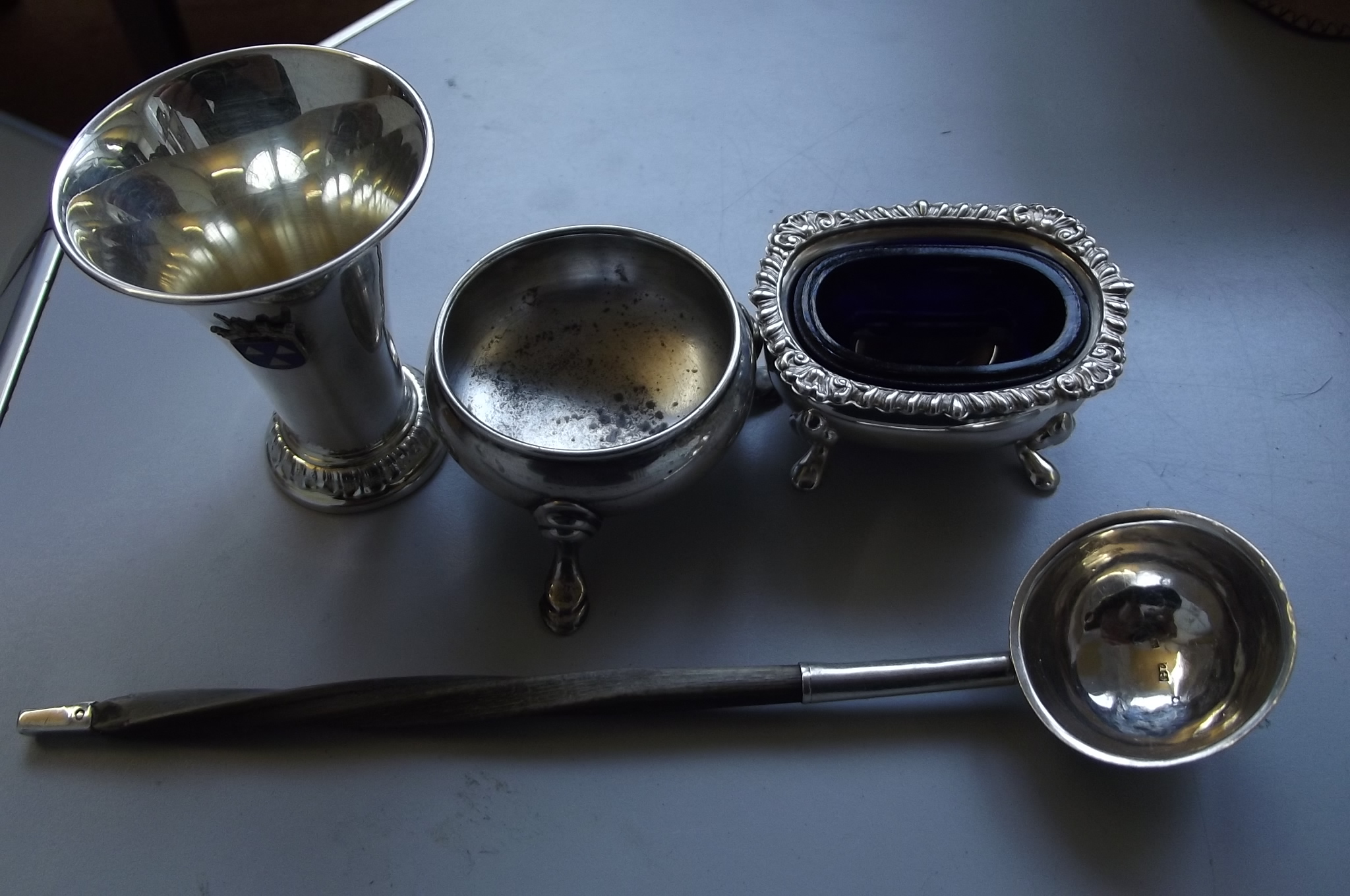 Two silver salts, a Georgian silver toddy ladle wi