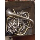 Box of trumpet pieces and others