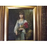 Oil on canvas depicting a girl with flowers, signe