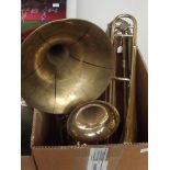 Large box of assorted brass instrument for spares