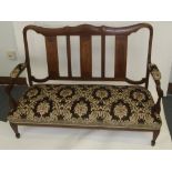 Late Victorian/Edwardian salon room settee, strung inlay to the shaped top rail and splats,