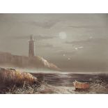 Framed oil on canvas, coast and lighthouse scene,