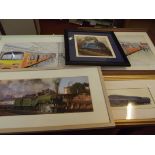 Five framed prints, each depicting trains